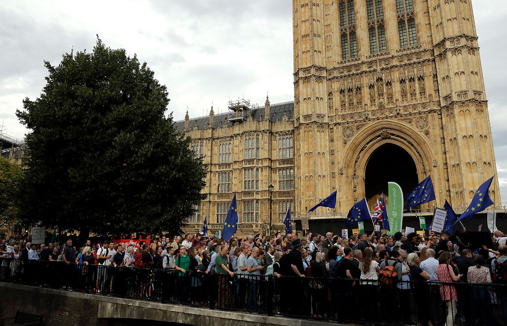 Anti-Brexit supporters take part in a protest near the Houses of Parliament in central London